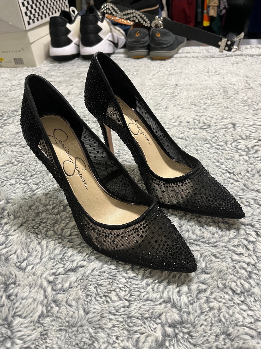 Jessica Simpson Black Mesh Pointed Rhinestone Heels - Picture 2 of 7